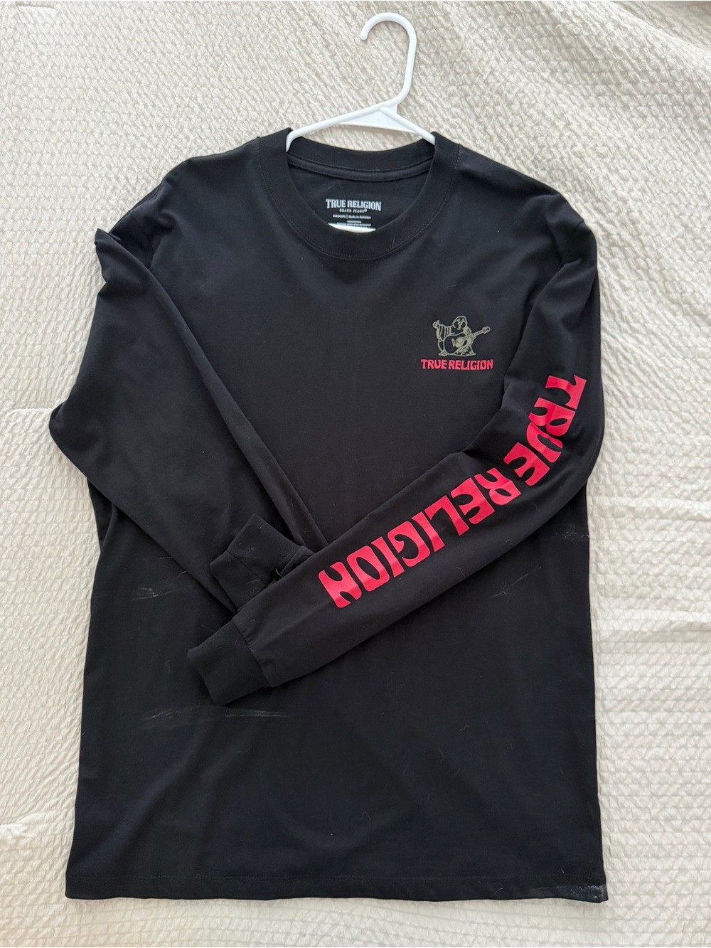 True Religion Black Long-Sleeve Tee with Red Sleeve Logo